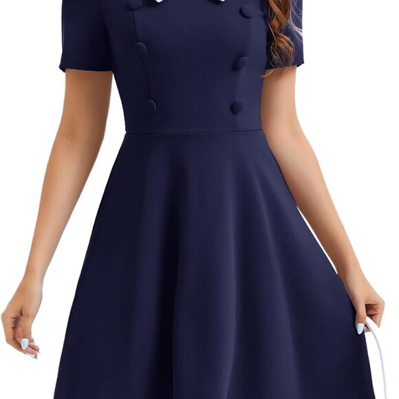 Vintage 1950s Dress Women Retro Rockabilly Peter Pan Collar Short Sleeve - Picture 1 of 6
